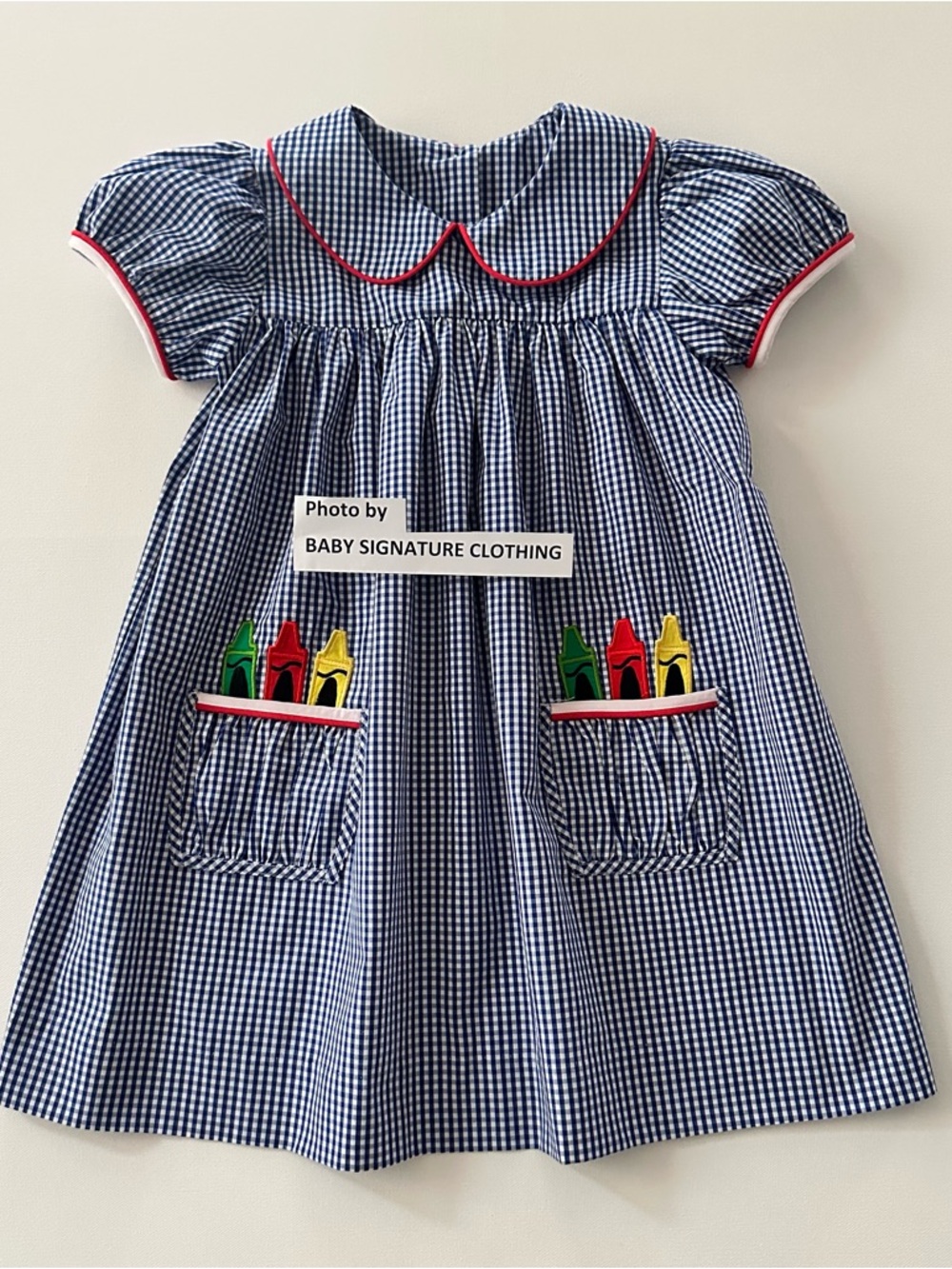 Stitchy Fish Girls 5 Navy Gingham Peter Pan Collar Crayon Pocket Dress School